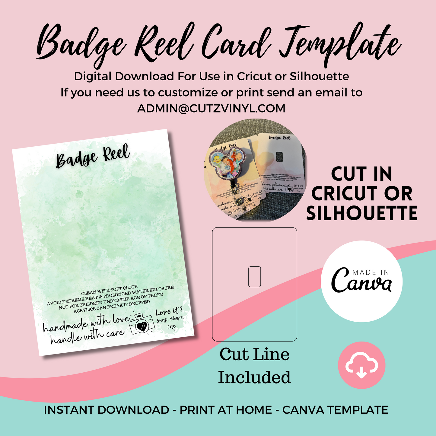 Badge Reel Card Template Green Watercolor (DIGITAL DOWNLOAD)