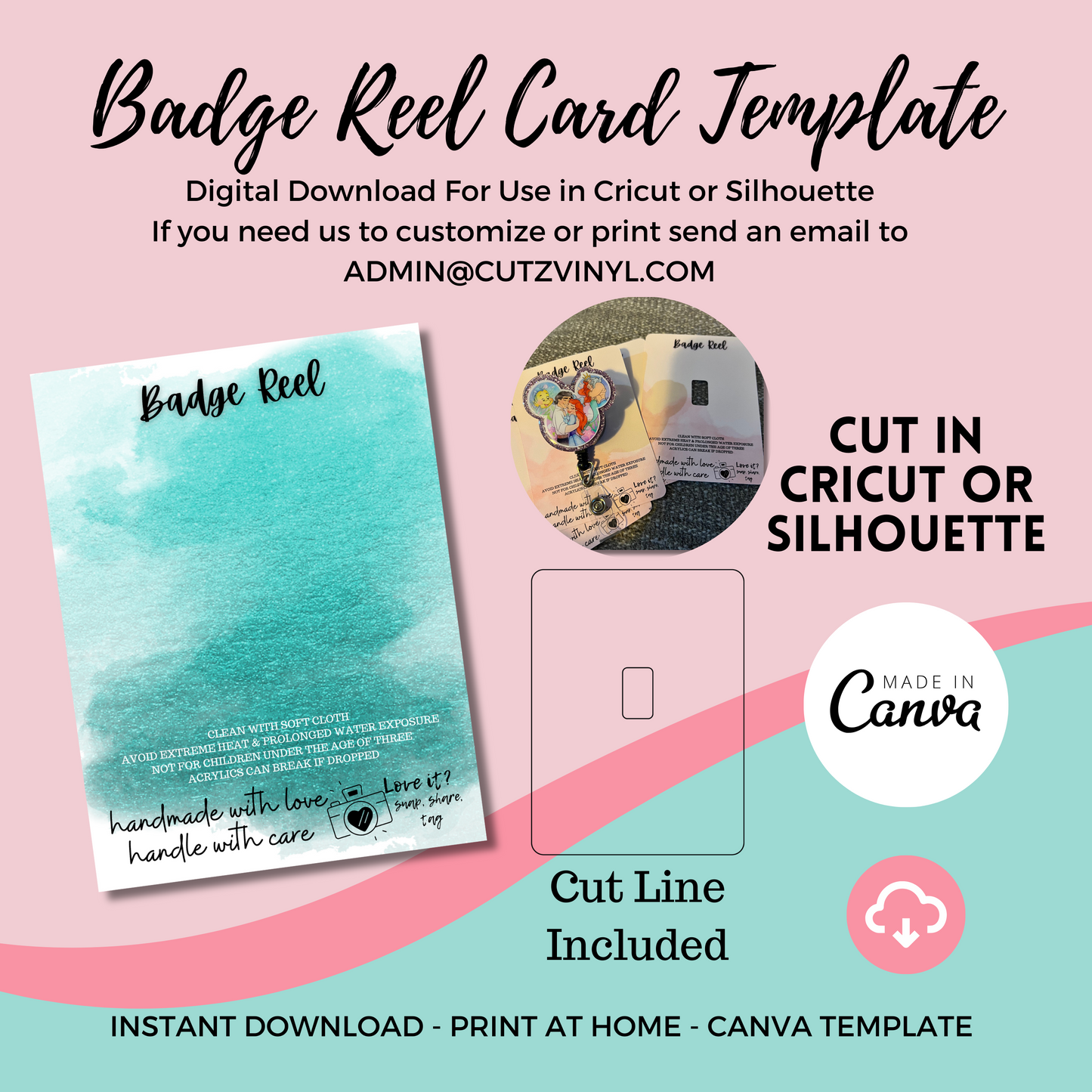 Badge Reel Card Template Teal Watercolor (DIGITAL DOWNLOAD)