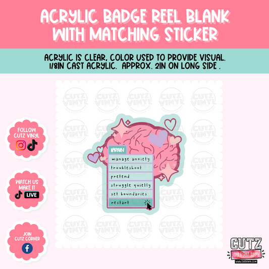 Brain Restart - Acrylic Badge Reel Blank and Matching Sticker