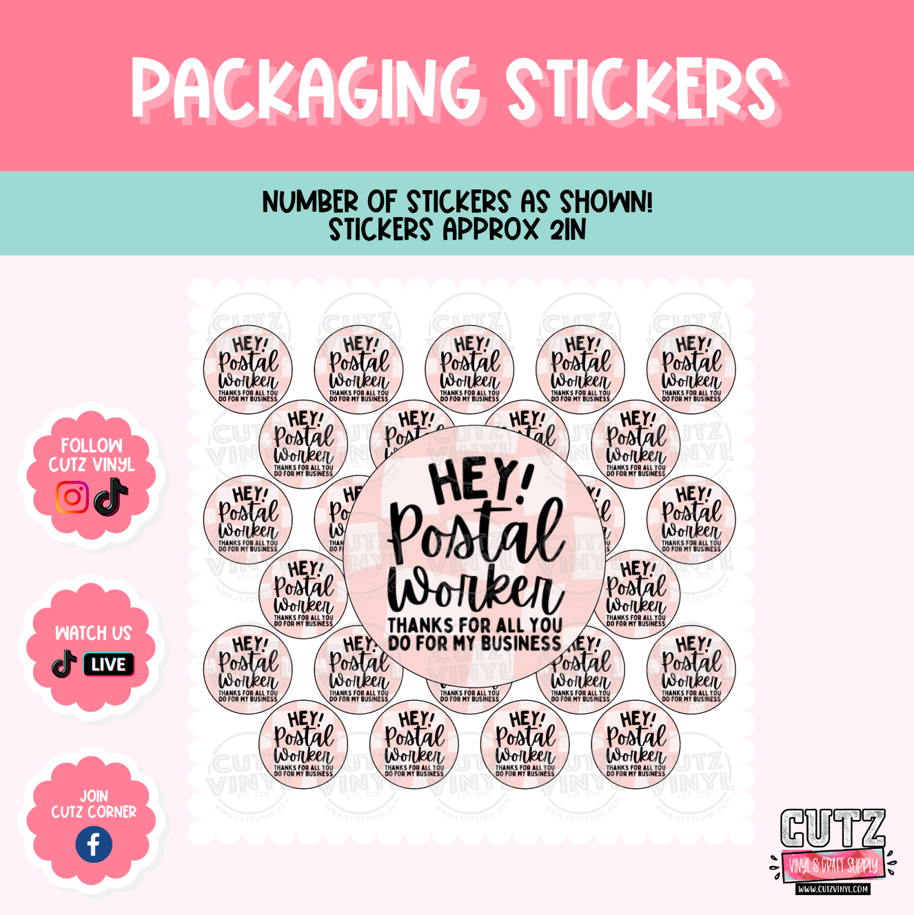 Postal Worker Pink Check - Packaging Stickers – Cutz Vinyl and Craft ...