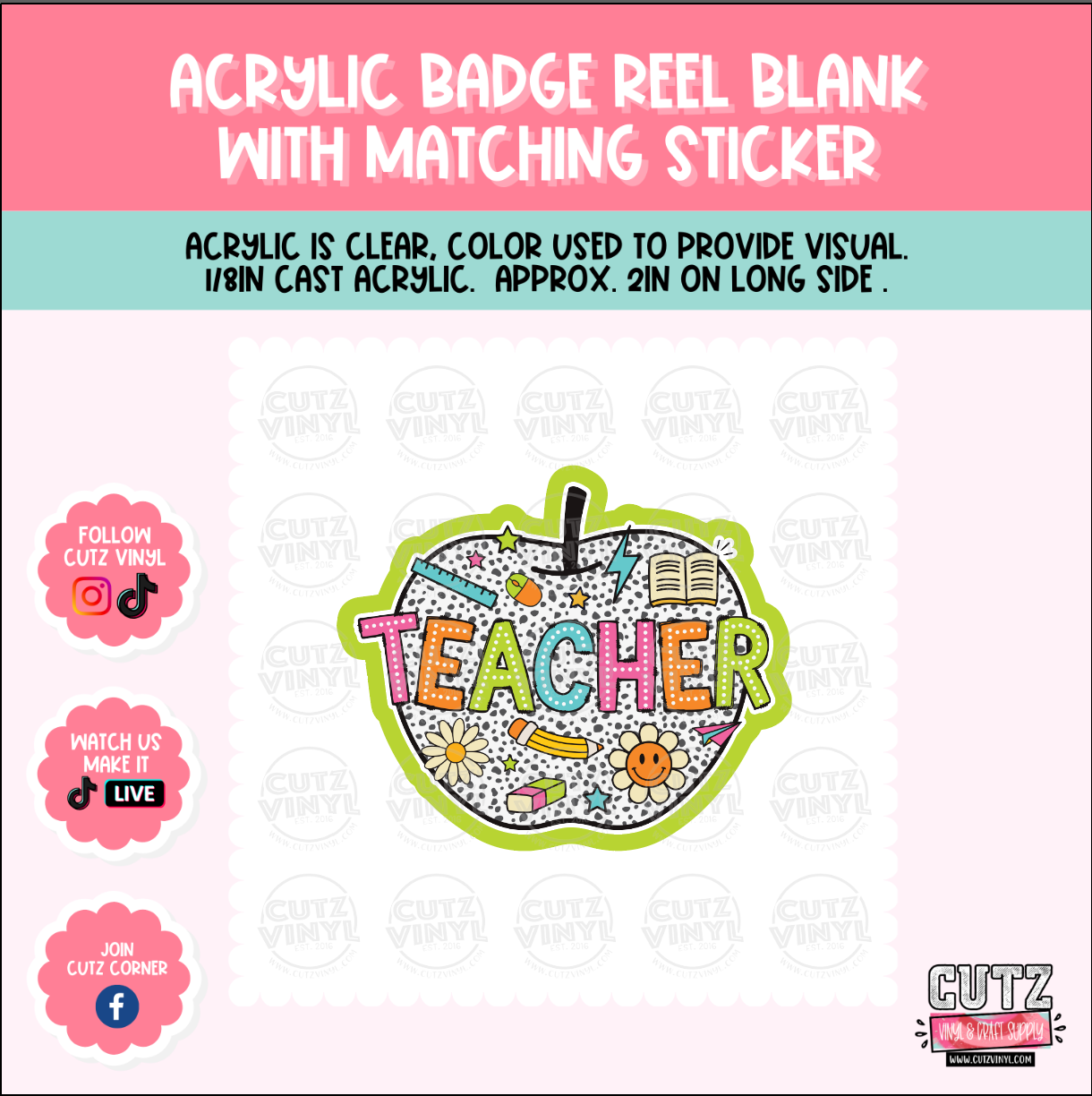 Teacher Apple - Acrylic Badge Reel Blank and Matching Sticker